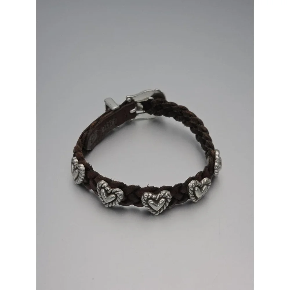 Vtg BRIGHTON Signed 1994 Bracelet Braided Leather Brown Silver Hearts FREE $HIP!
